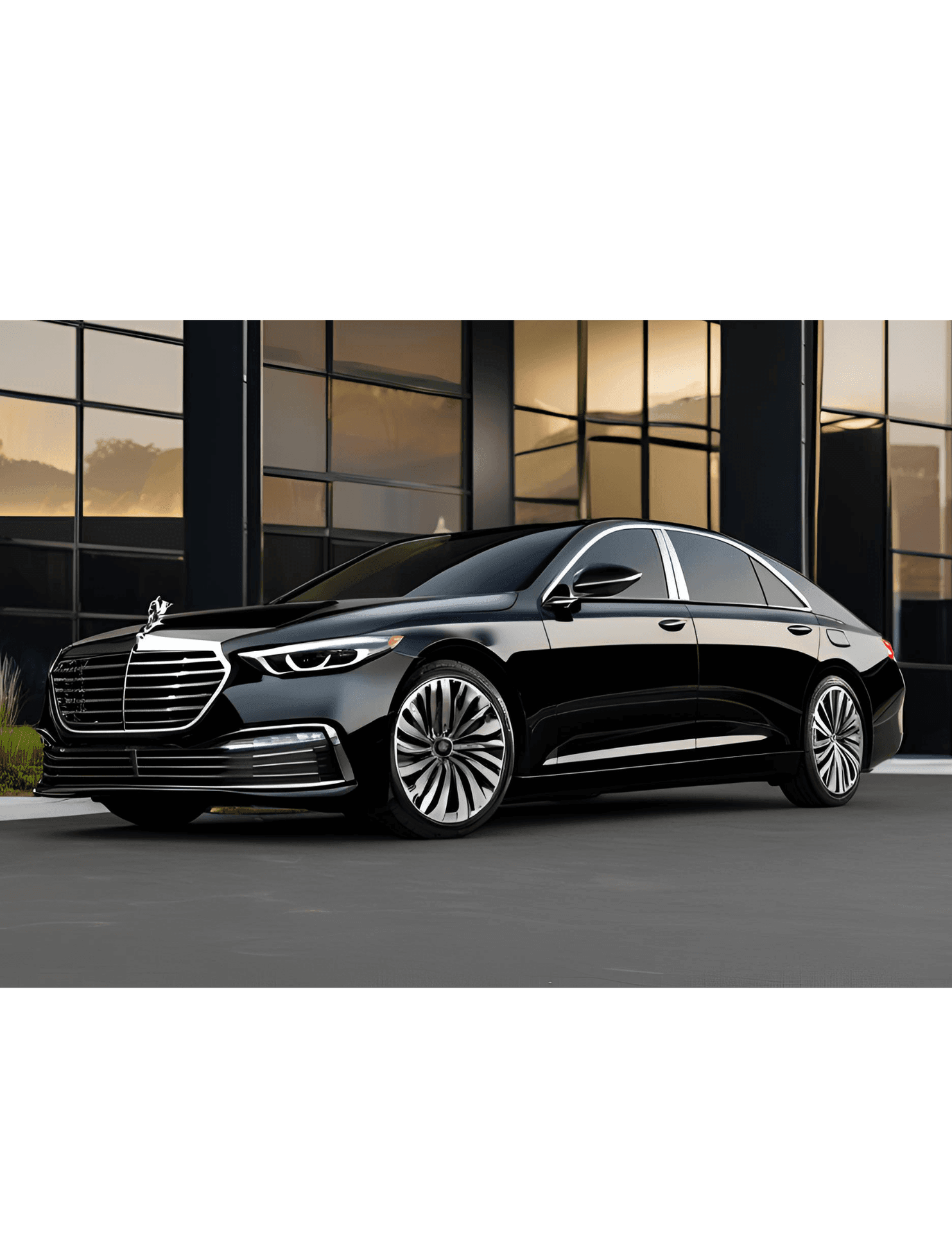 Sleek black luxury sedan parked in front of a modern glass building.