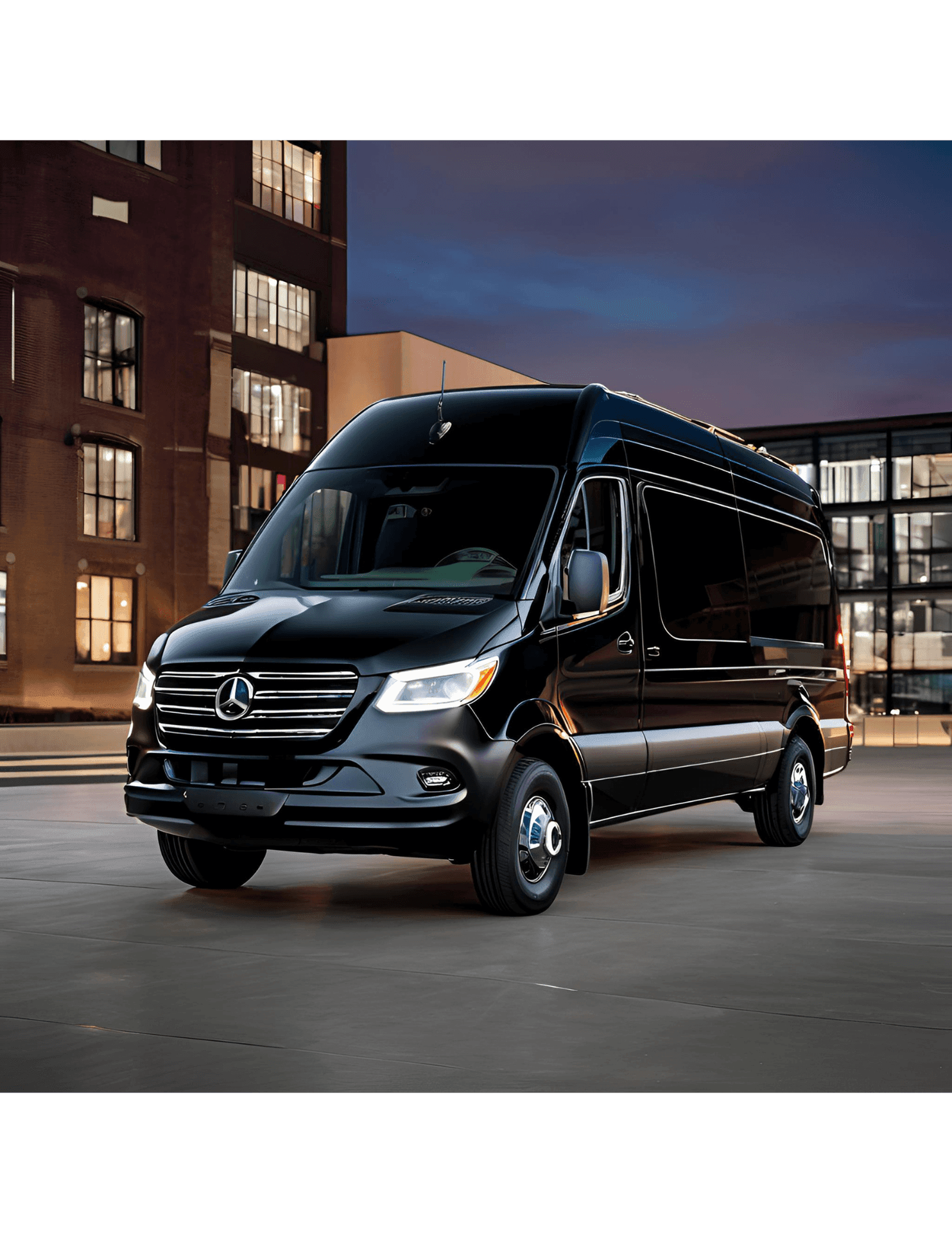 Black van parked in an urban setting at dusk with illuminated buildings in the background.