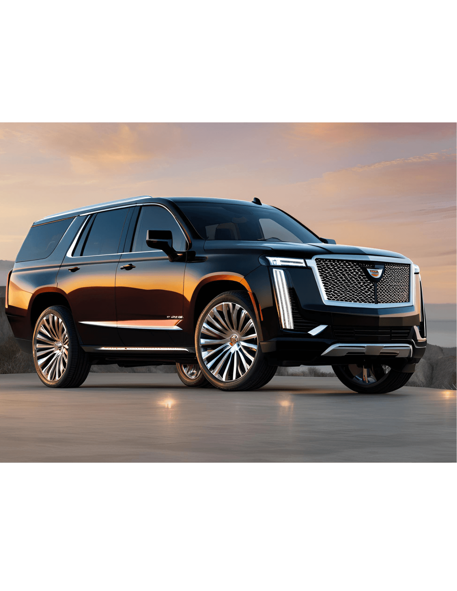 Sleek black SUV with a distinctive front grille, parked at sunset on an open road.