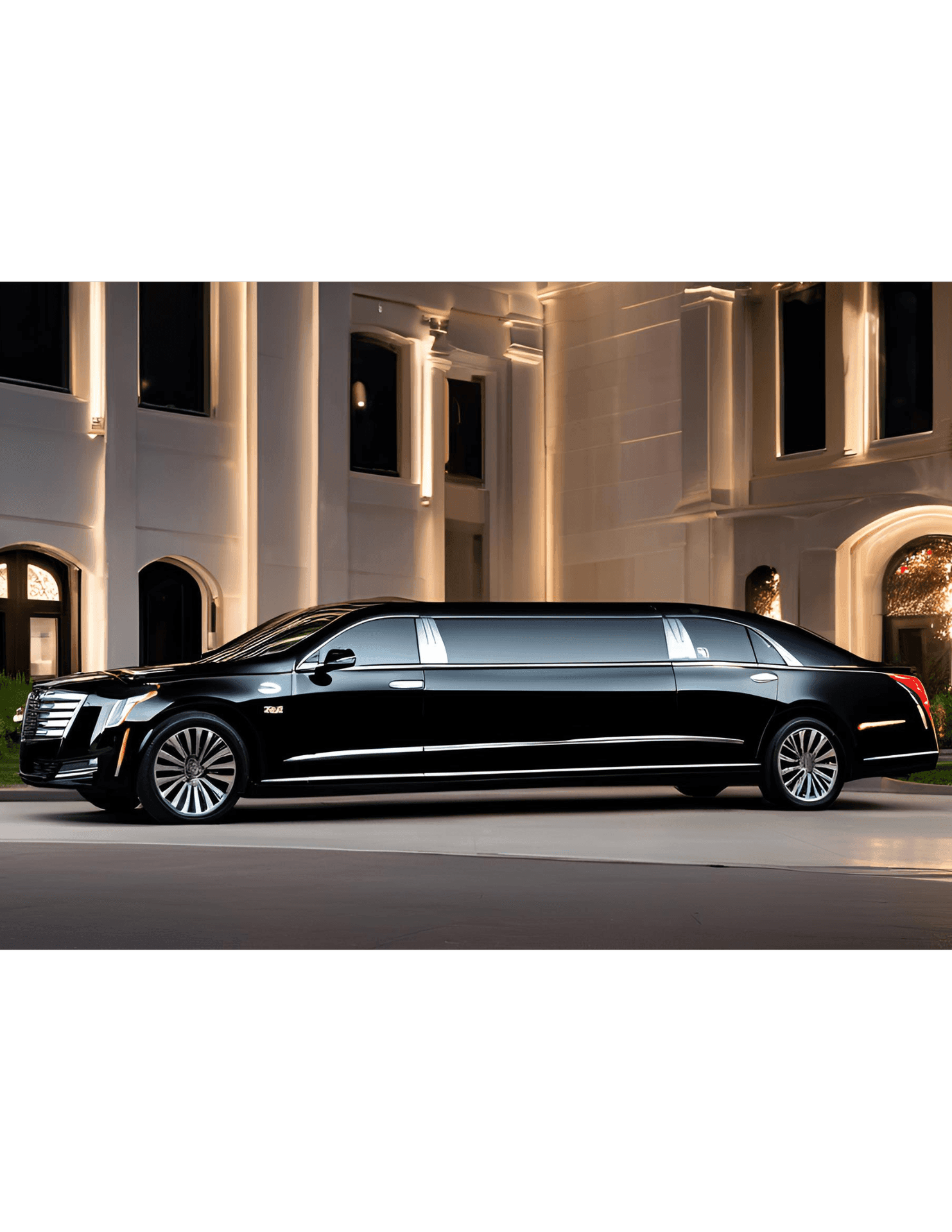 Black stretch limousine parked in front of a large, well-lit building at night.