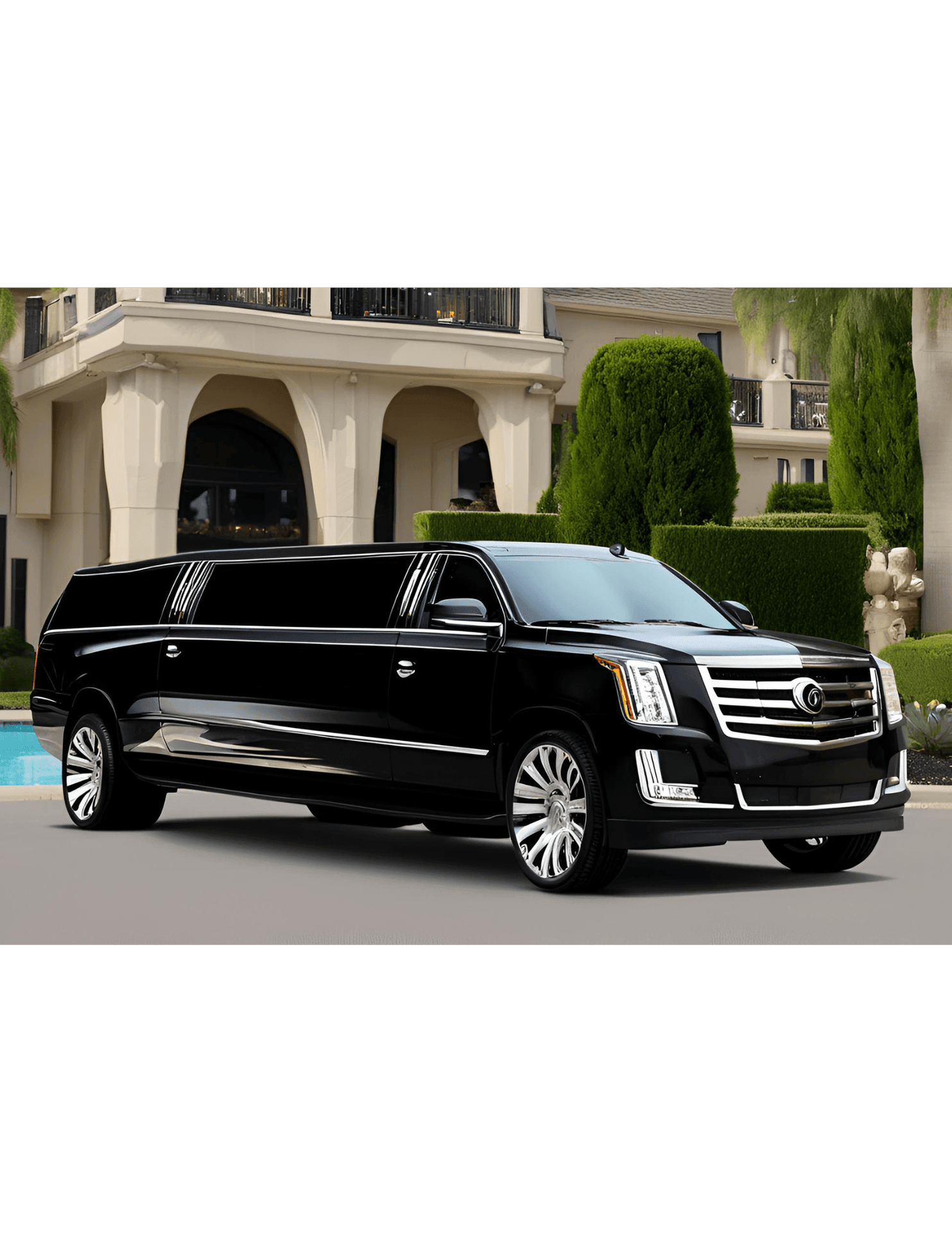 Black luxury limo parked in front of an elegant mansion with manicured hedges in the background.